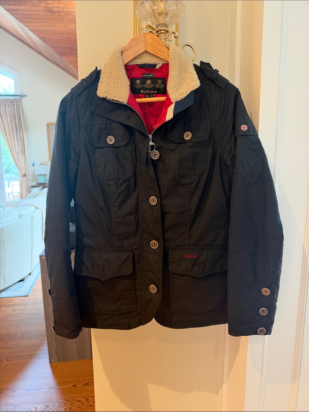 Women’s Barbour Black Utility Jacket with Cream Sherpa Collar and Red Lining